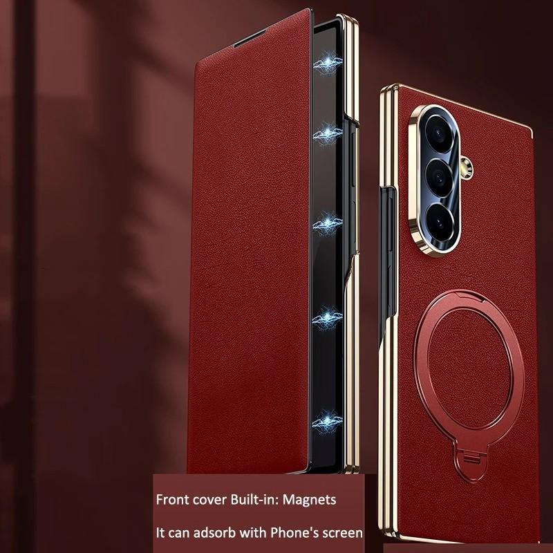 Genuine Leather For Magsafe Magnetic Bracket Case for Samsung Galaxy Z Fold 7 Fold 6 Fold 5 Luxury Central Axis Hinge Stand Case