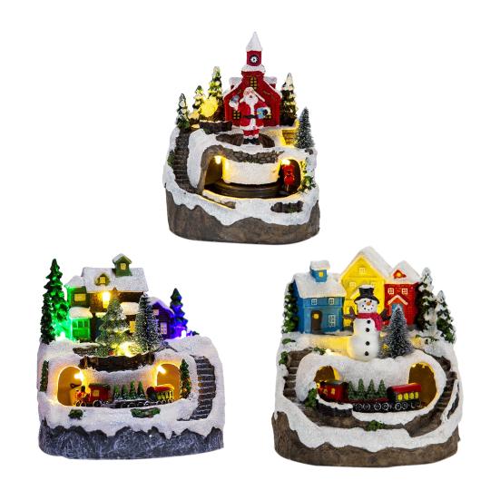 Christmas Igloo Ornaments Church Figurines with Rotating Train LED Lights Music Box Figurines Decorative Holiday Decor Festive Gift