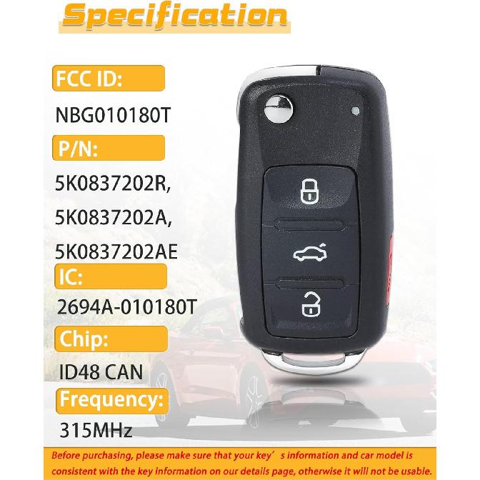 Key Fob Replacement Fits for 2012-2016 Volkswagen Beetle Passat/ 2011-2016 CC Eos Golf GTI Jetta Tiguan Touareg Keyless Entry Remote Control