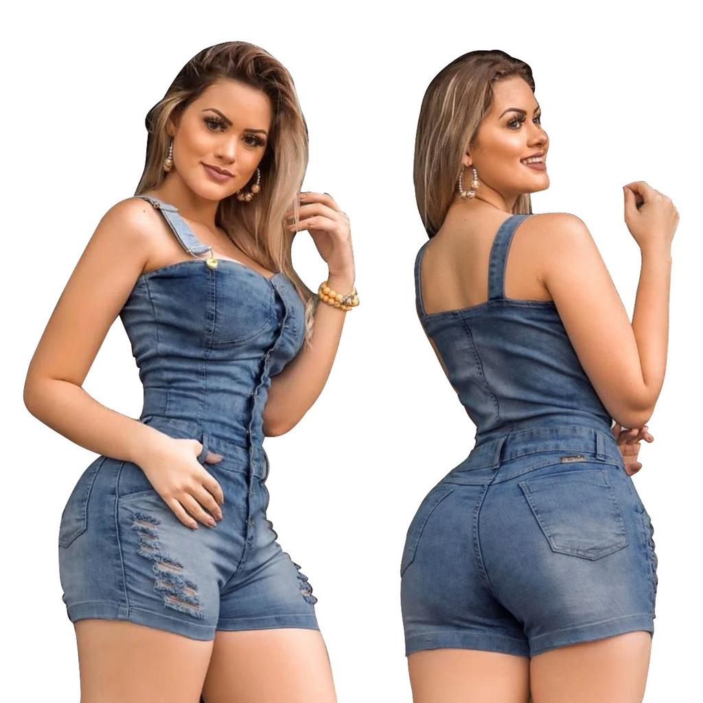 Women Jeans Cropped Pants Overalls Jumpsuits Poled Distressed Casual Fit
