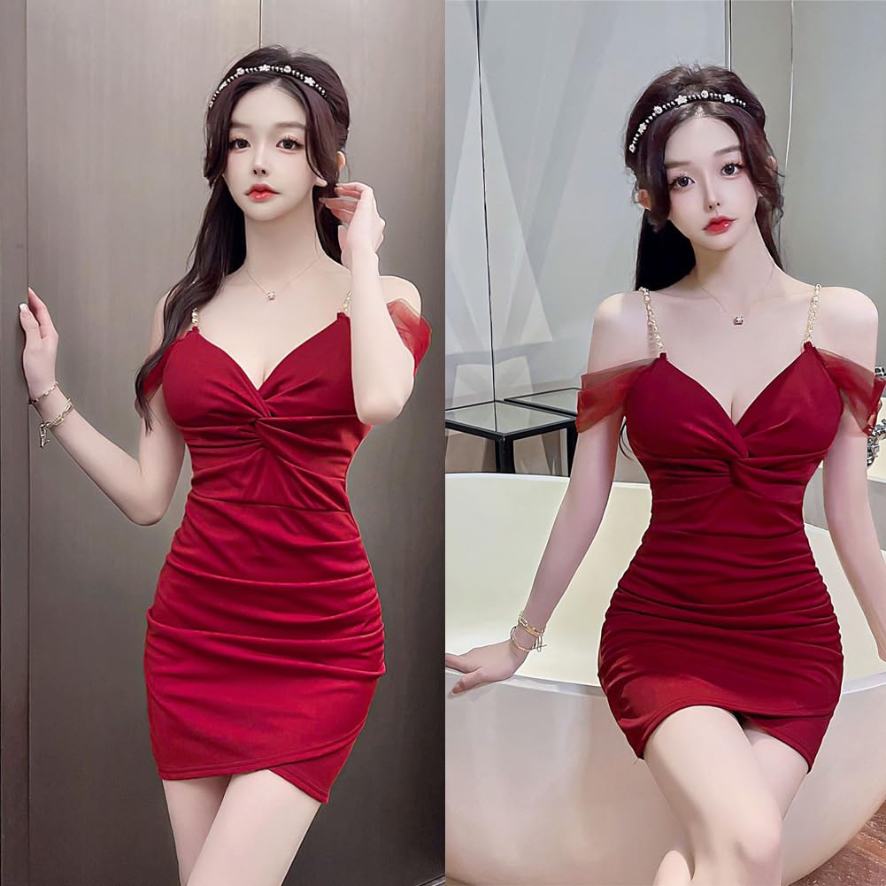 Cabaret Pleated Sleeveless Mini Lace Backless Hip Tight Irregular Sexy Beauty for Nightclubs and Dates Wine [SDSXZWG] Women's Dress, Décolleté V-Neck