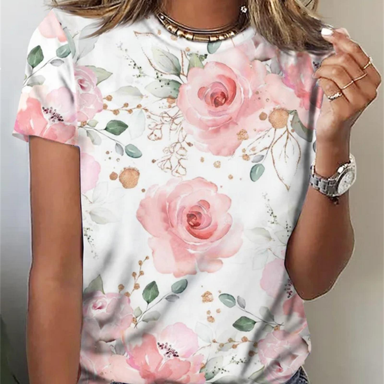 

2025 Лето Женская Повседневная Футболка с Цветочным Принтом и Короткими Рукавами Круглый Вырез S