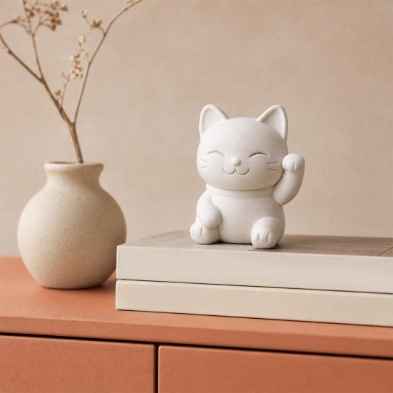 3D Printed Luck Cat Statue, Cute White Maneki Figurine, Matte White Mini Fortune Cat Ornament for Home Desk Bedroom Decor, Holiday Birthday