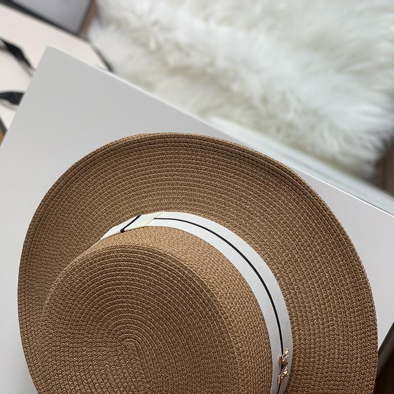 Hat Women's Summer Versatile Fashion Rhinestone M Standard Flat Top Straw Hat Seaside Vacation Sun Hat Sunscreen Big Eaves Hat Tide