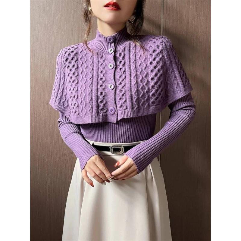 Temperament Cape Knit Two Piece Set Women Fashion V Neck Long Sleeve Pullover Sweater Stand Collar Knit Cardigan Shawl Suits XL фиолетовый 2090₽