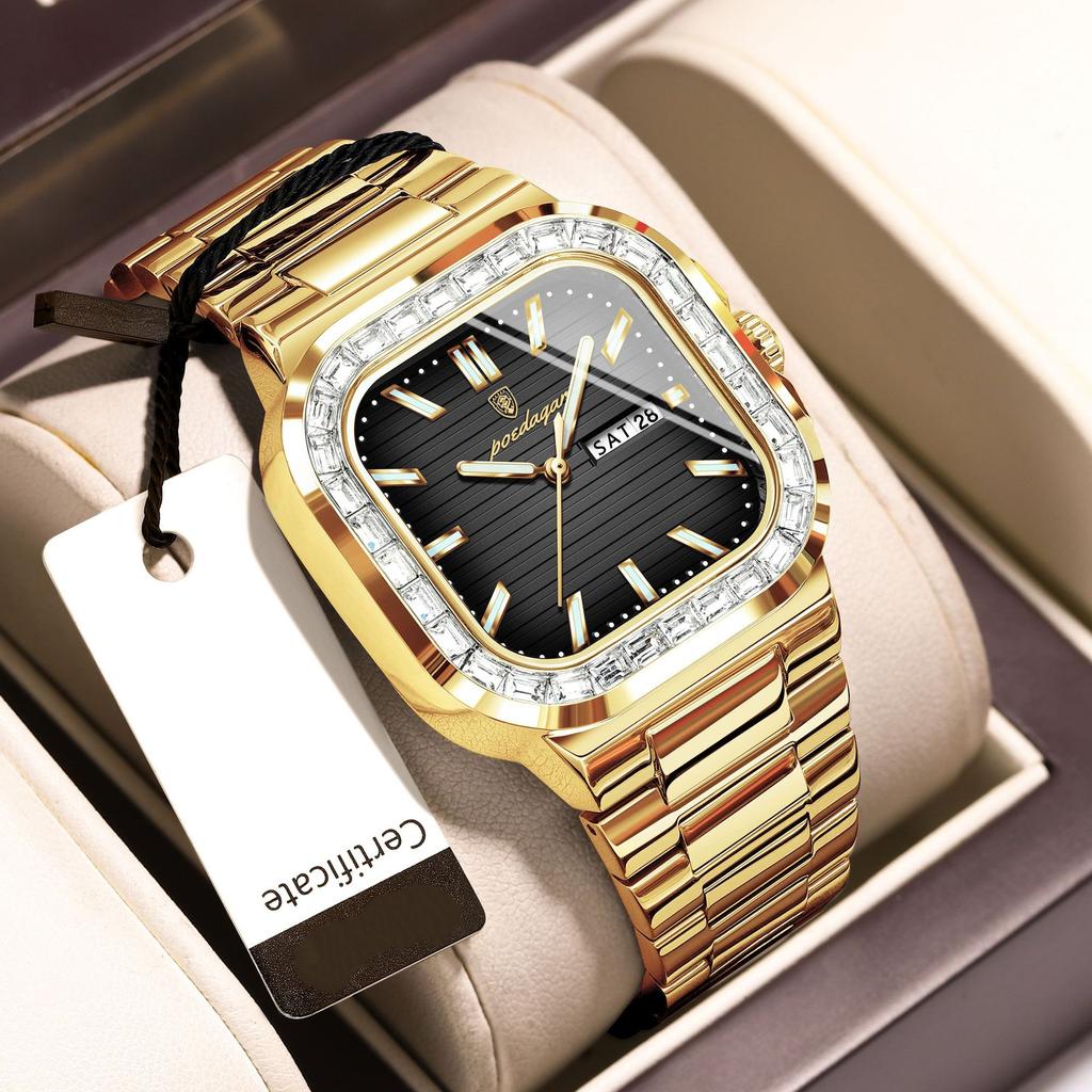 Men's Waterproof Luminous Quartz Watch Diamond Studded Dual Calendar Dial Business Watch Holiday Gifts Men's Exquisite Gift Watch