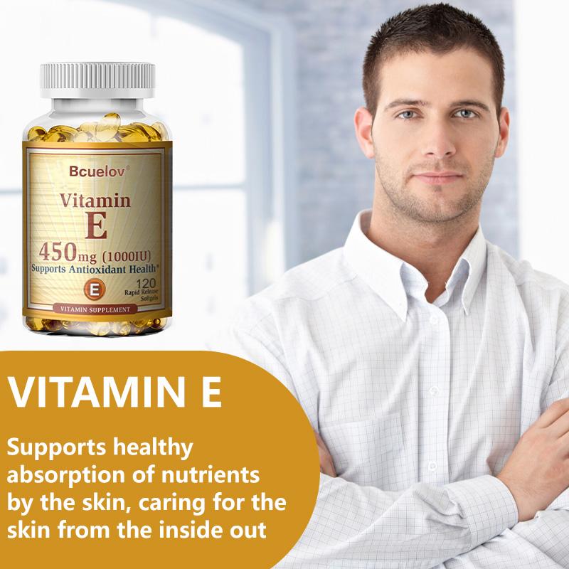 Vitamin E 450 mg (1000 IU) supports antioxidant activity and is beneficial for hair, skin, nails, and eye health. 120 capsules