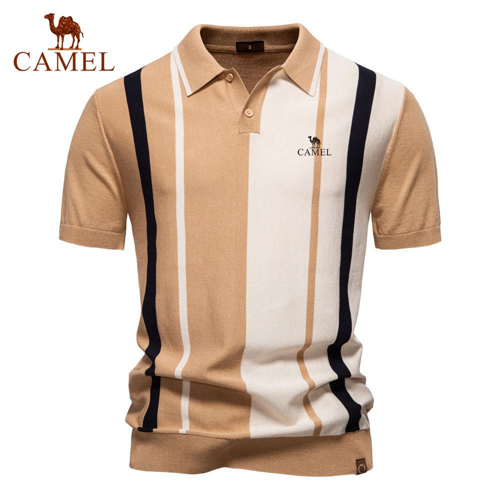 Camel 2025 Sommer Broderi Ny Herre Revers Kortermet Strikket Polo Stripete Lappverk Pluss Størrelse Kortermet Poloskjorte for Menn