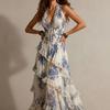 Damen Neckholder Maxikleid mit Blumendruck, Stufen-Rüschen, Strandurlaubs-Kleid