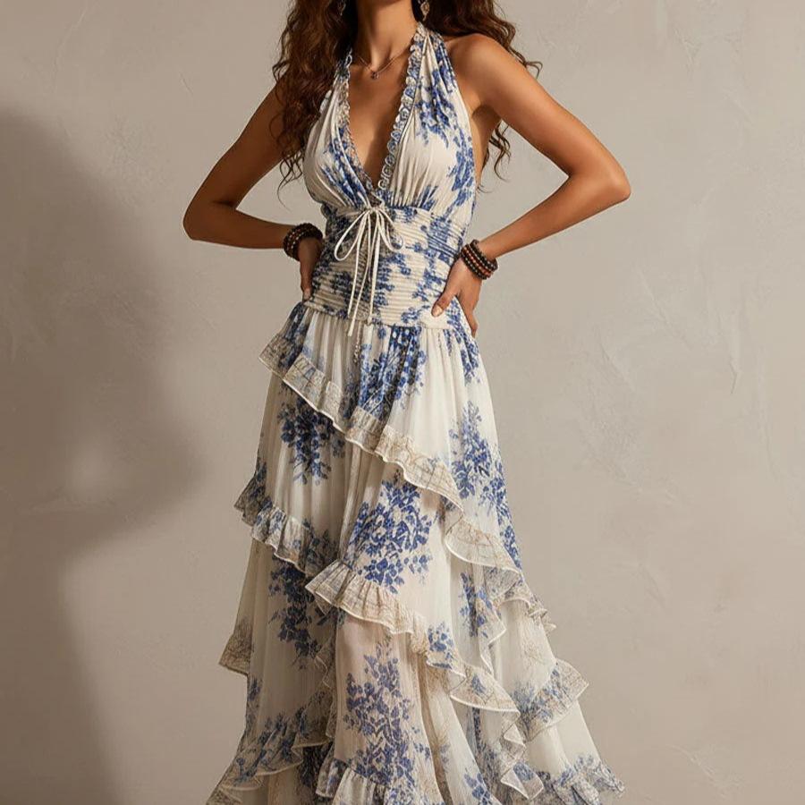 Damen Neckholder Maxikleid mit Blumendruck, Stufen-Rüschen, Strandurlaubs-Kleid