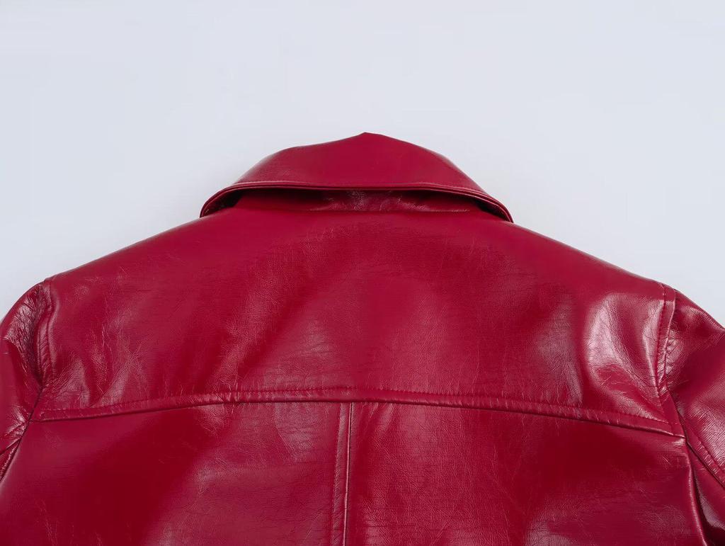 2025 Spring Women's Red Glossy Leather Lapel Jacket – European & American Style