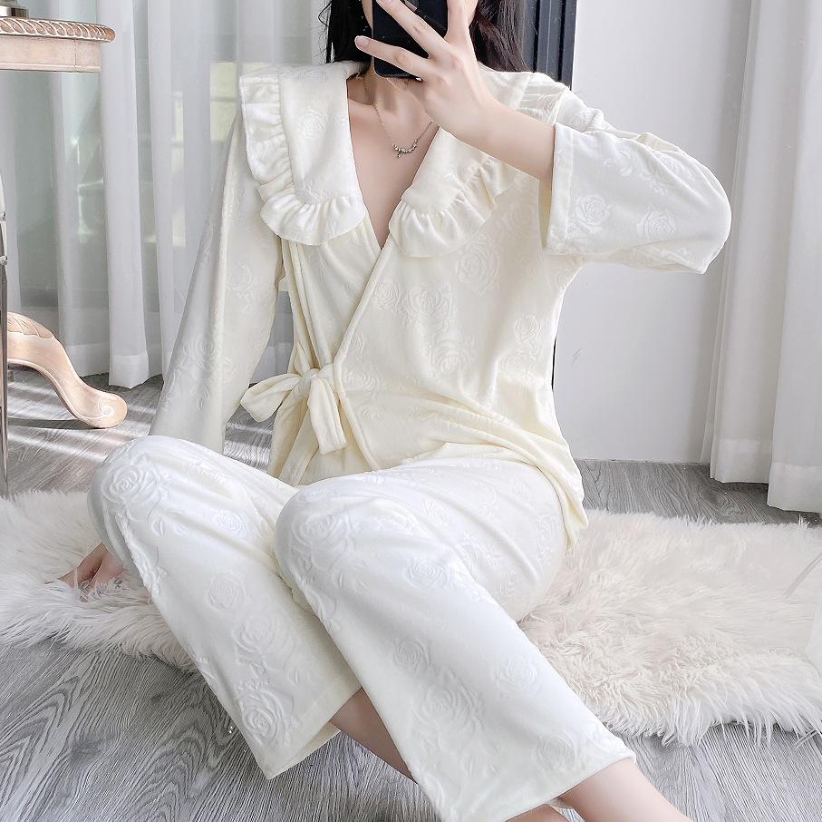 Warm island velvet winter pajamas spring and autumn long-sleeved trousers casual loose women's two-piece suit loungewear can be worn outside
