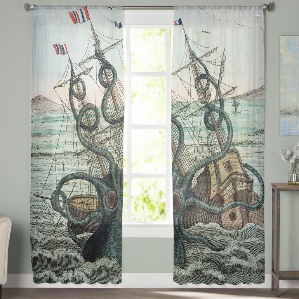 Sea Octopus Cthulhu Sheer Curtains for Living Room Modern Voile Curtain Bedroom Tulle Curtains Window Drapes Decor