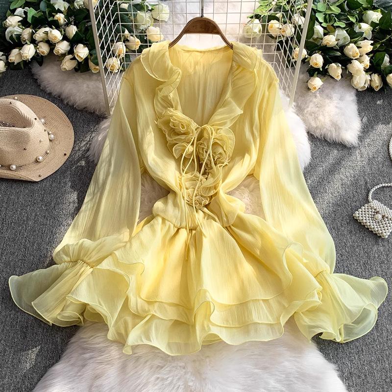 3D Floral Beach Short Dress Female Long Sleeves Lace Up Ruffle Chiffon Cake Sundress Sheer Sexy Vintage Bohemian Dress