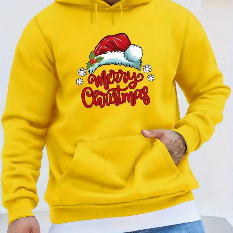 Men Christmas Hat Print Hoodie Warm Casual Streetwear Long Sleeve Pullover Winter Top