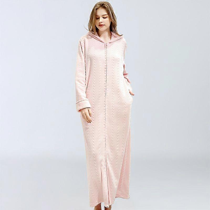 Ladies Hooded Dressing Gown Bath Robe Warm Soft Womens Fleece Zip Up Long Robes