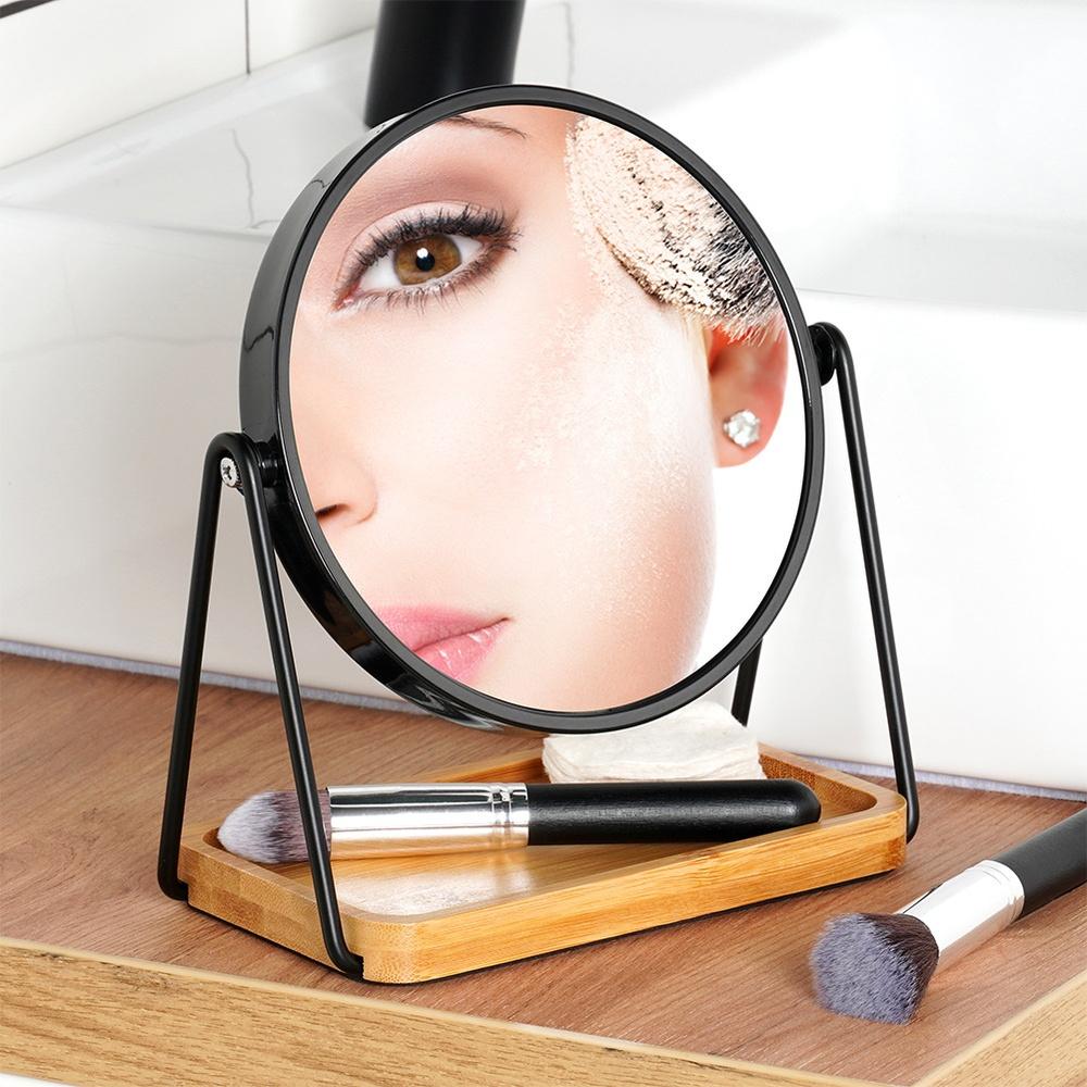 Double-Sided Magnifying Bamboo Cosmetic Mirror on a Stand