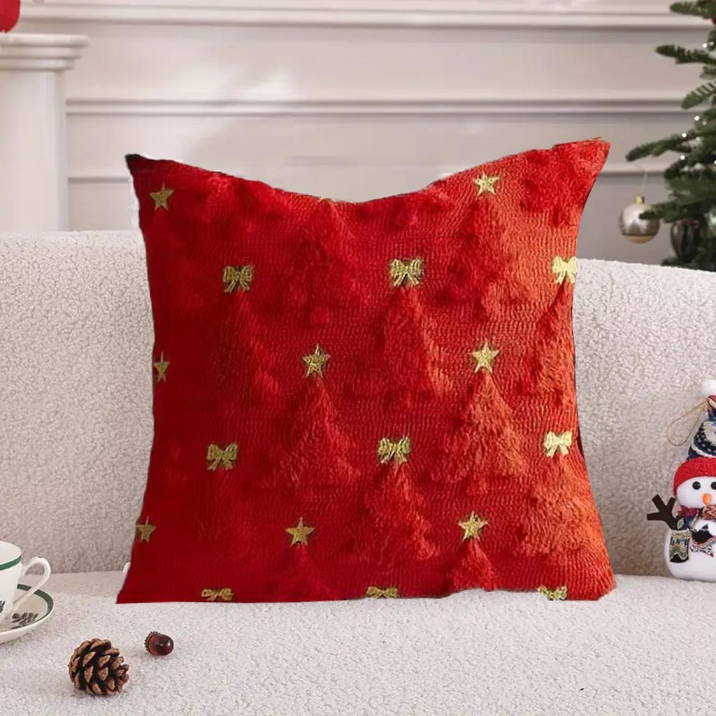 1pc 3D plush Christmas tree Pillow Covers, plush Christmas tree pillowcase with golden stars and bowknot design -18x18 inch