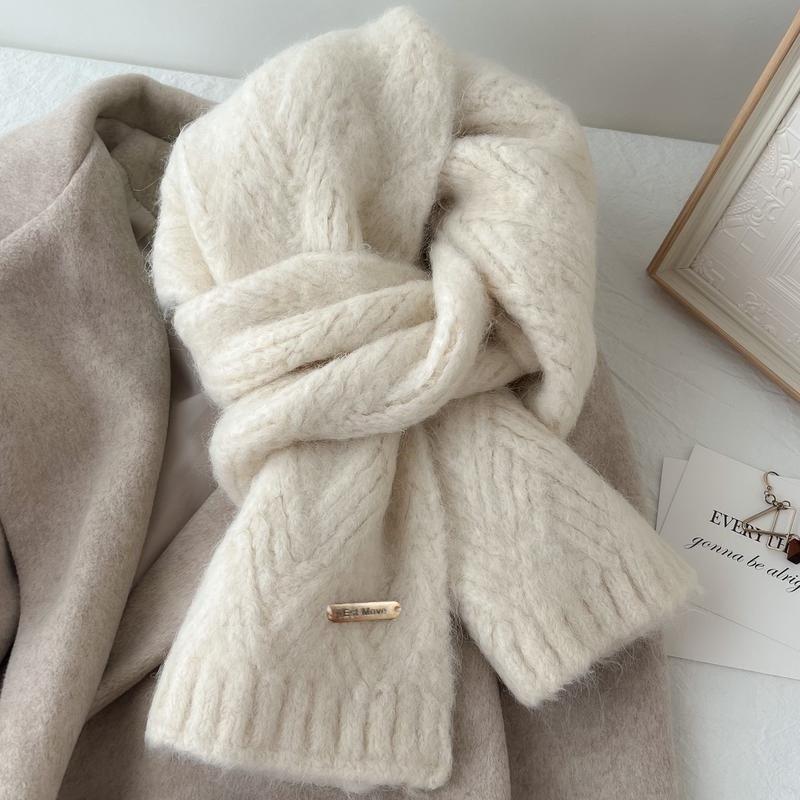 Korean-Style Cozy Knit Scarf- Solid, No Tassels, Autumn/Winter