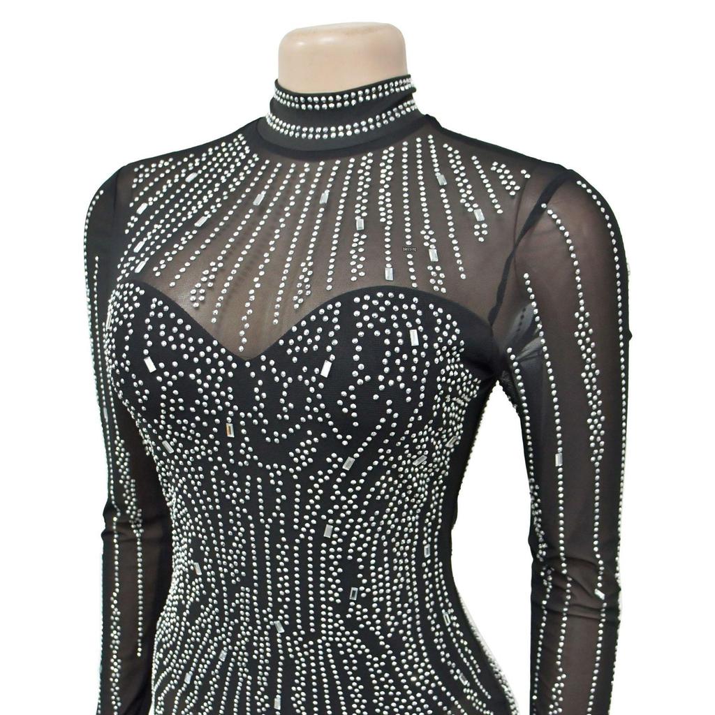 European & American Fashion Women's Solid Mesh Slit Long Dress with Hot Drill Accents