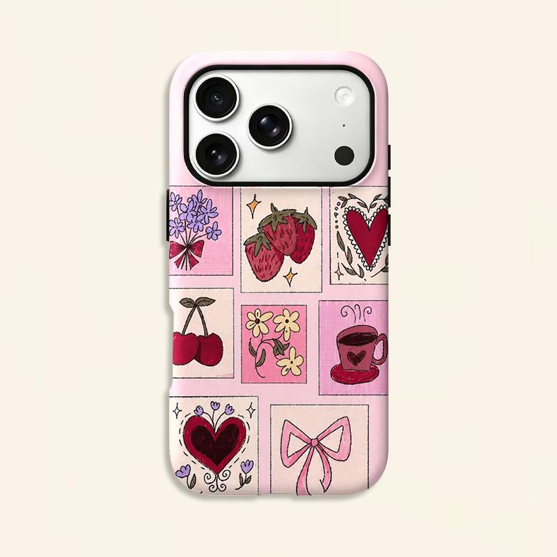 Pink Grid Collage Strawberry Cherry Heart Bow Floral Coffee Print Phone Case Coquette Cute Girly Vintage Shockproof Cover For All iphone Series