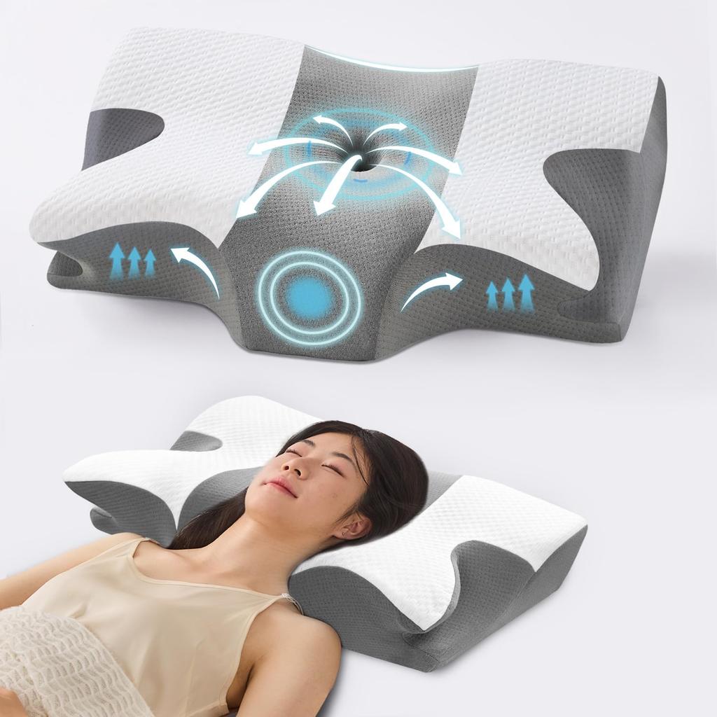 Aicomri Memory Foam Pillow for Neck Pain Relief, Sleep Pillow with Concave Ear and Back Hollow Design, Double Pillowcase, and Adjustable Height.
