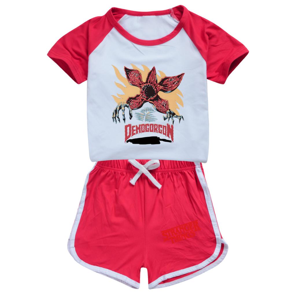 

5385 Детский спортивный костюм для мальчиков и девочек с принтом Демогоргона: футболка, шорты и другие элементы одежды. 100cm красный