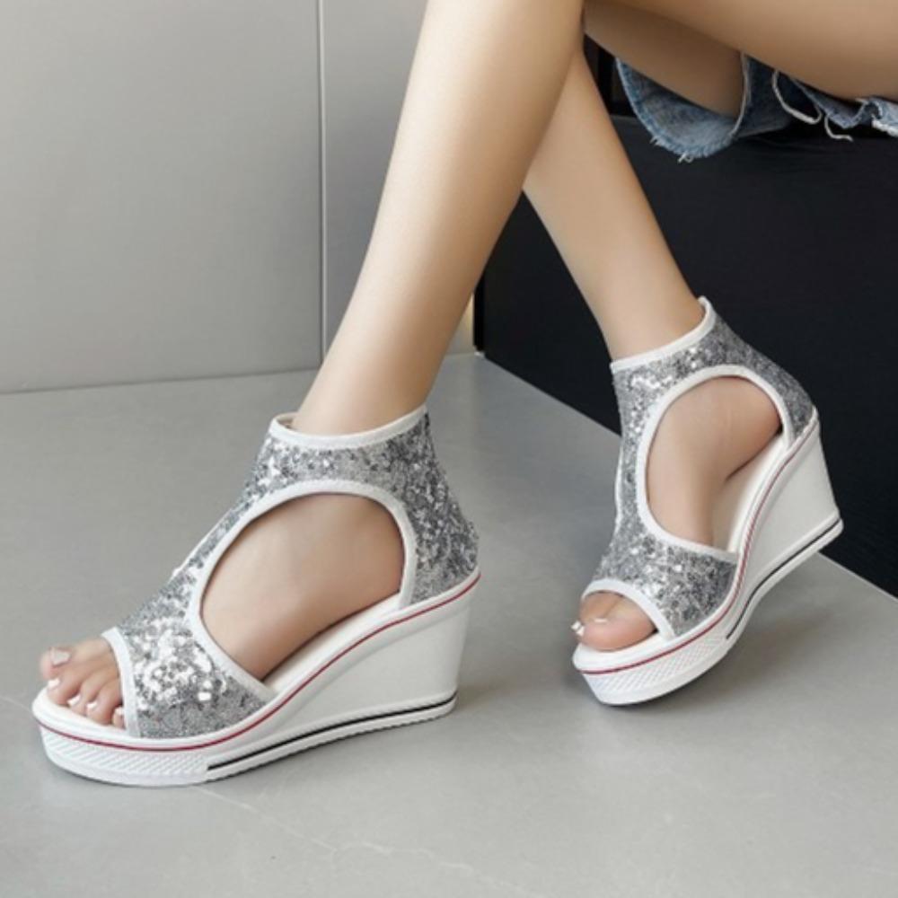 Sandals Women's Summer Slope Heel Open-toed Hollowed-out Women's Shoes 2025 New Version 8CM Beaded High-top Fish Mouth Sandals