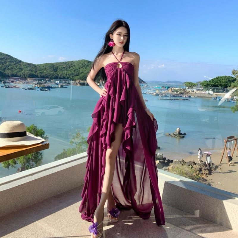 

Hainan Travel Features A Purple Sexy Neck Sling Dress for Women s Irregular Split Fairy Dress S фиолетовый