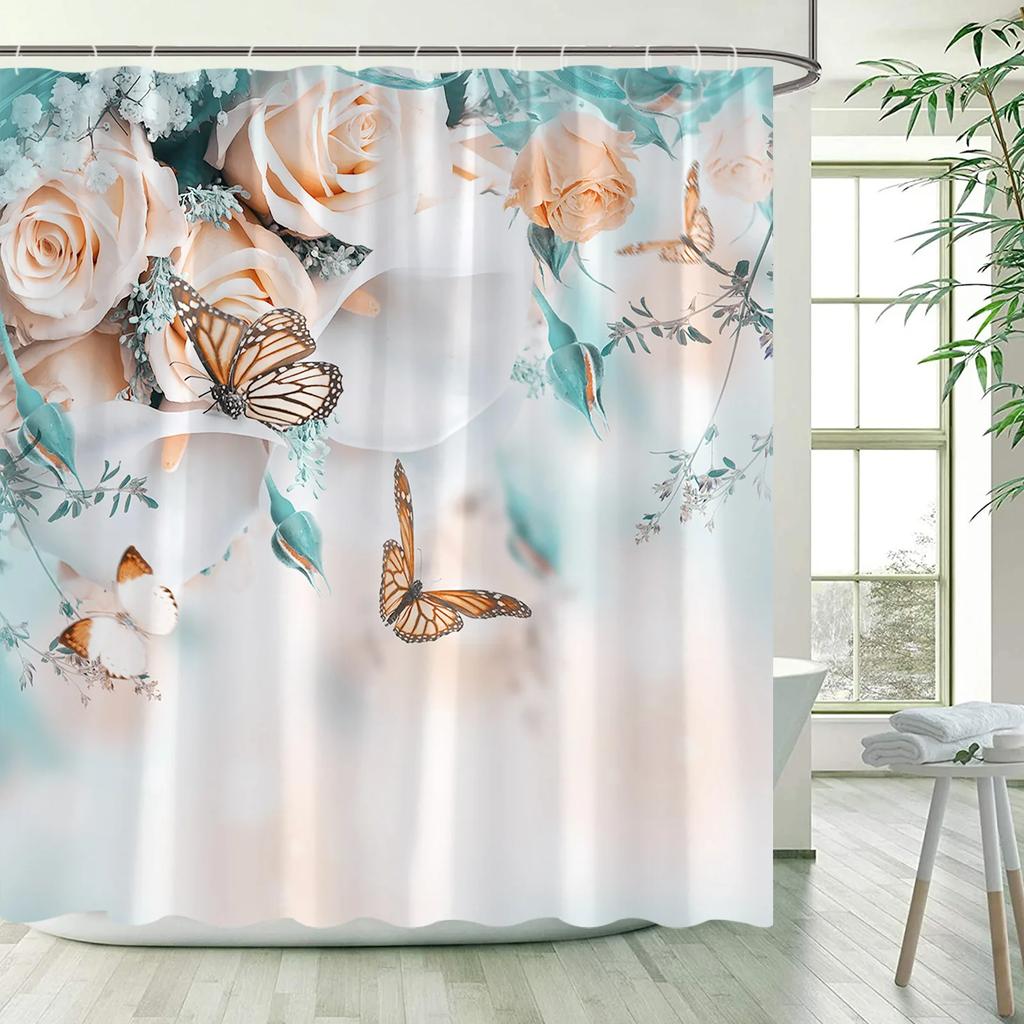 Rustic Flowers Shower Curtains Red Pink Rose Butterfly Sunflower Spring Nature Floral Bath Curtain Set Bathroom Decor with Hooks