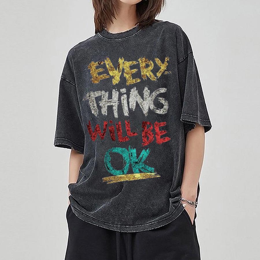 Every Thing Will Be Ok Monogram Print Wash Women Wash T-Shirt Imitation Denim Oversized Short Sleeve Everyday Design Top