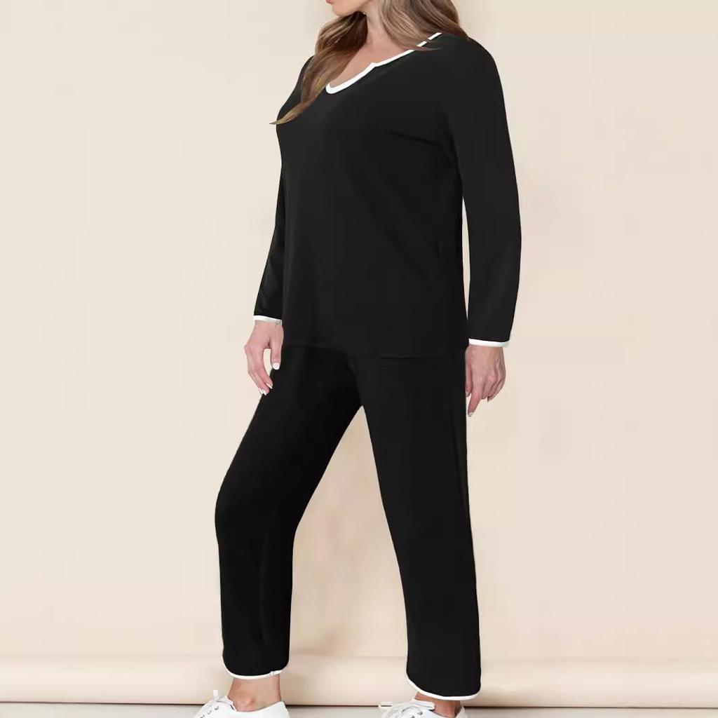 Women's sets black long-sleeved V-neck top loose comfortable casual home drawstring long pants