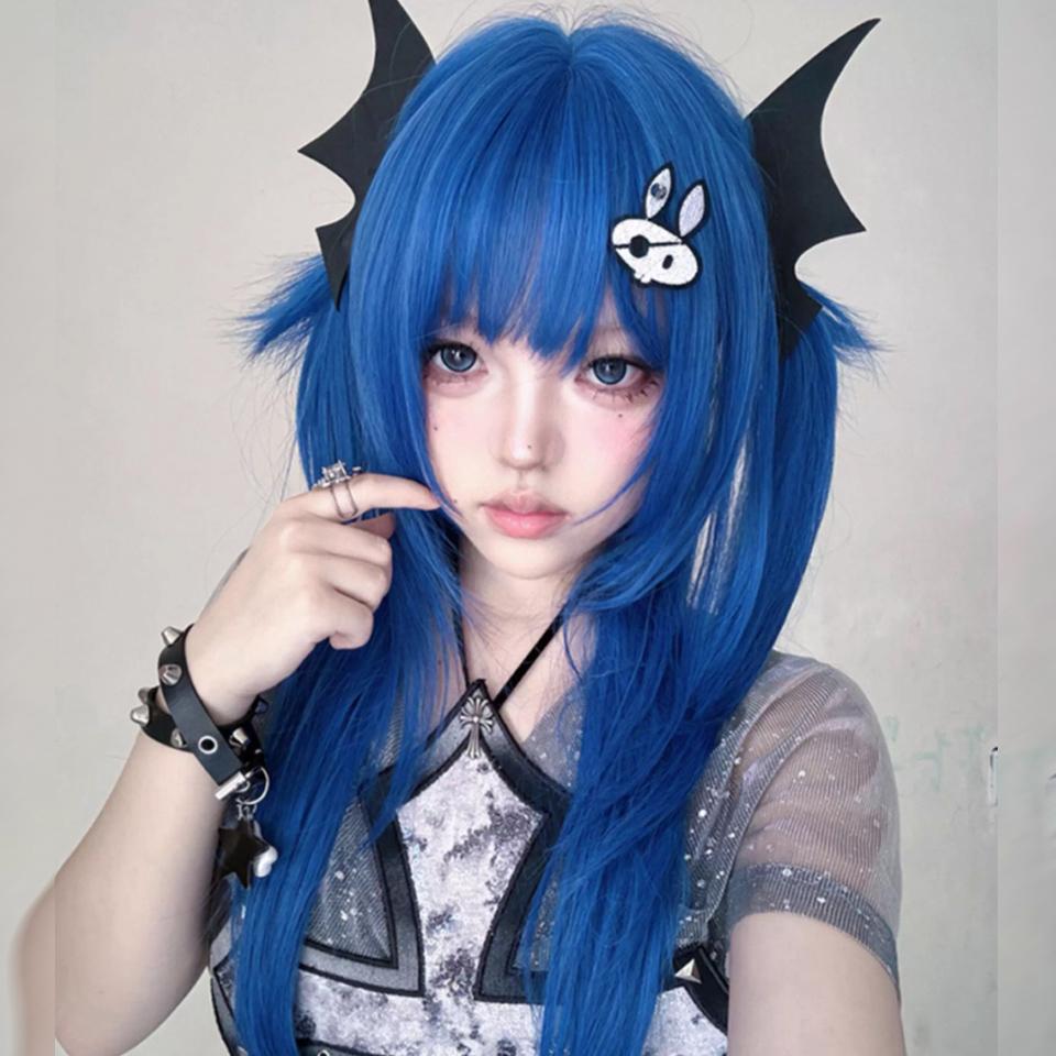 Blaue Hochgestufte Synthetische Lolita-Perücke Flauschige Lange Gerade Perücke mit Pony Geeignet für Frauen Halloween Weihnachten Tragen
