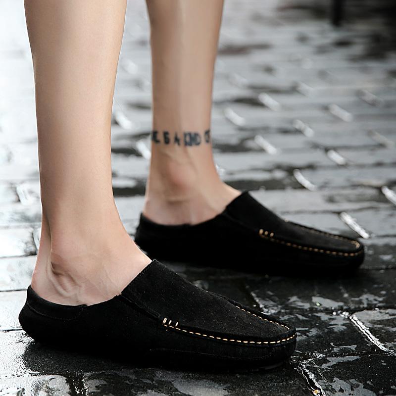 Plus Large Big Size Half Shoes For Men Semi-Drag Casual Shoes Suede Leather Mules Mens Loafers Slippers Summer Slip On Flats