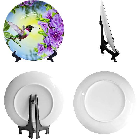 Small Bird Hummingbird Pink&Purple Flowers Decorative Plate Decorative Ceramic Plates Home Wobble-Plate with Display Stand Decoration Household