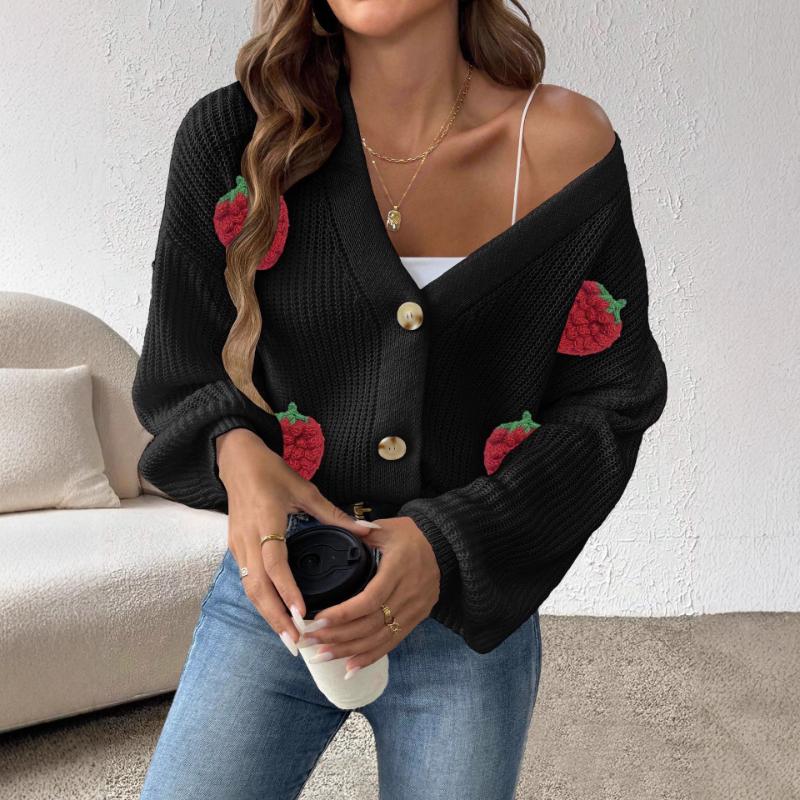 Damen Neuer Herbst Winter Wolle Dreidimensional Erdbeere Spleißen Niedlicher Stil Pullover Strickjacke Knopf Jacke
