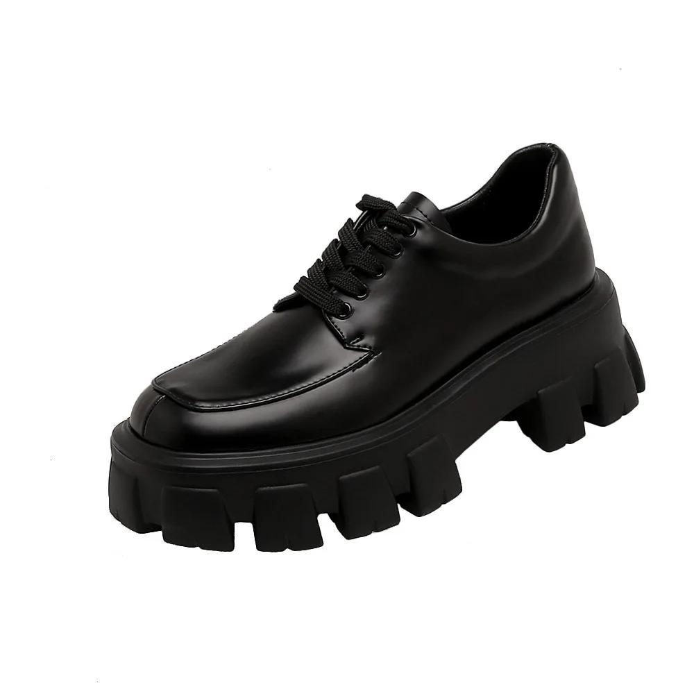 Fashion Women‘s British Style Leather Single Shoes Spring Autumn 2024 Loafer Shoes Retro Heightened Thick Bottom Platform Lace-up Shoes