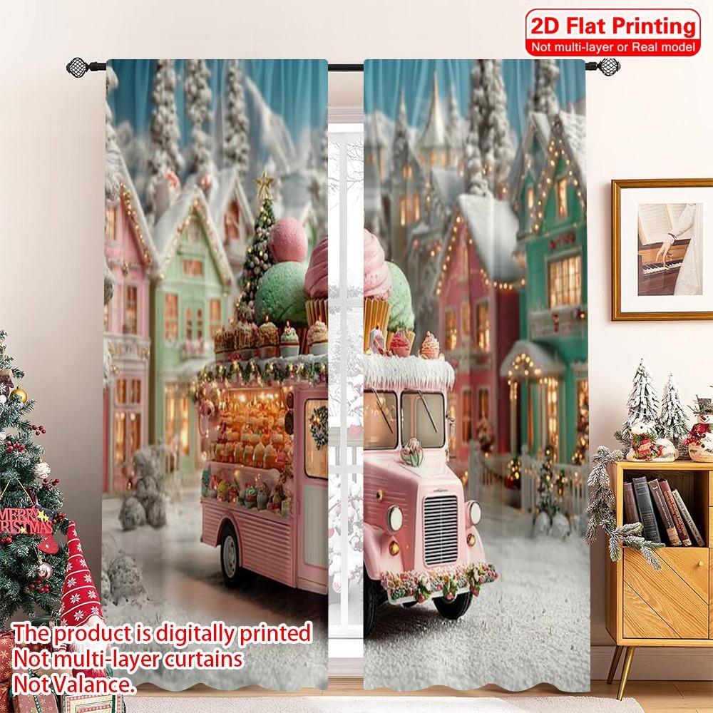 

2pcs 2D flat printing Merry Christmas Popular Drapes Christmas dessert truck Fabric Without Electricity Versatile for Home Decor 100*130 HOOK 1pcs