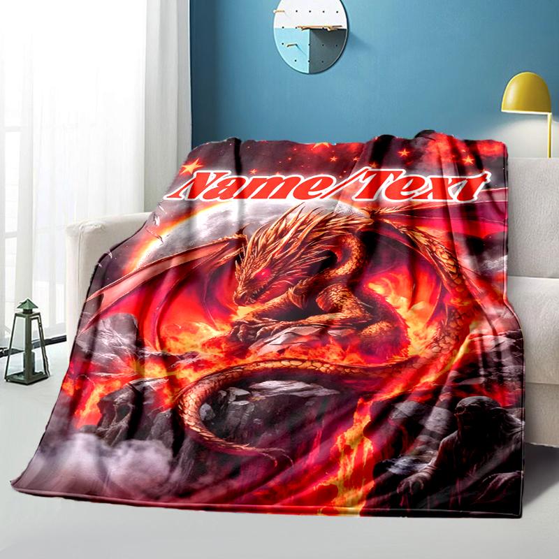 1PC Custom Name Dragon Fire Fantasy Art Outdooor Flannel Blankets Throw Blanket All-Season Throw Gift Bedspread for Couch, Bed, Camping Holiday Birthd