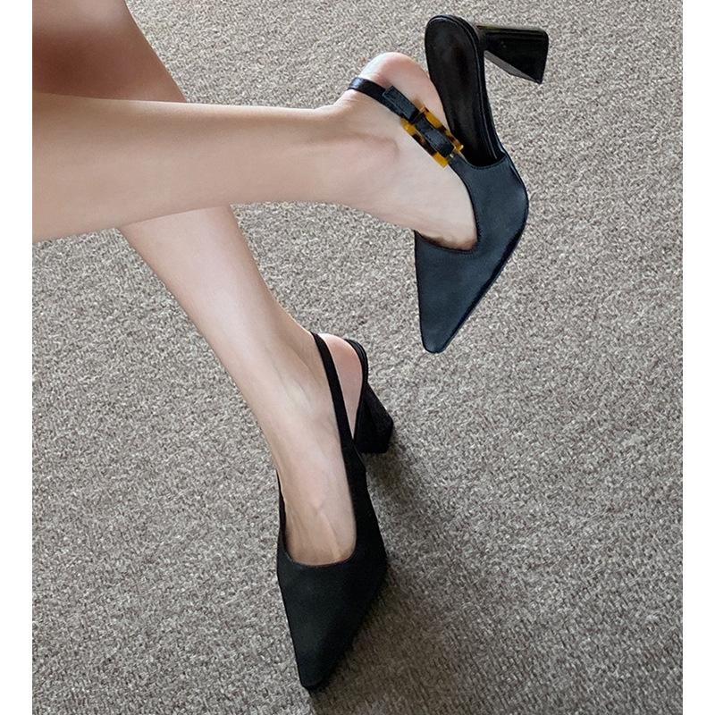 

Black high heels women s fashion pointed head shallow mouth one pedal thick heel bag head sandals 39 чёрный