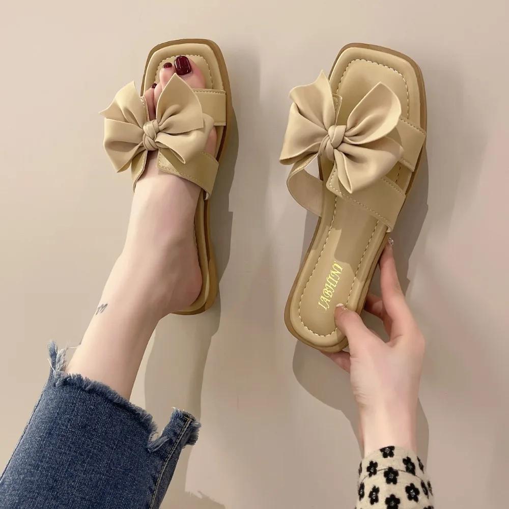 Women's Summer New Style Casual Flat Shoes for Outdoor Wear, Fashionable and Versatile Butterfly Bow French One-piece Slippers
