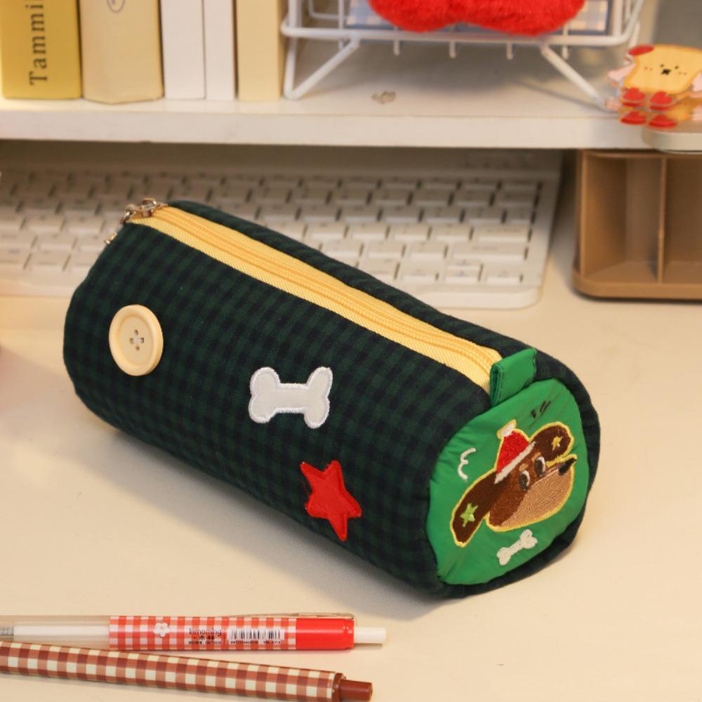 Desk Storage Bag Pencil Case Pouch Cake Roll Plaid Pen Bag  School Office Supply