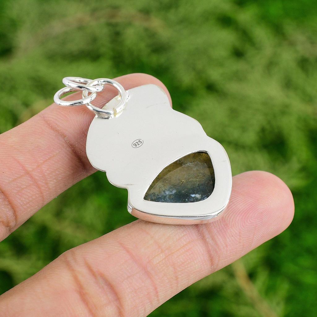Daughters Day Sale Natural Solar Moss Agate Engagement Bezel Pendant 925 Silver
