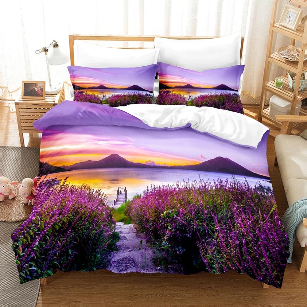 Lavender Beding Soft Duvet Cover +pilowcases Pastoral Vilage Purple/ Field Warm Comforter Cover Sets 2/3 Pcs Microfiber Bed Linen Set King