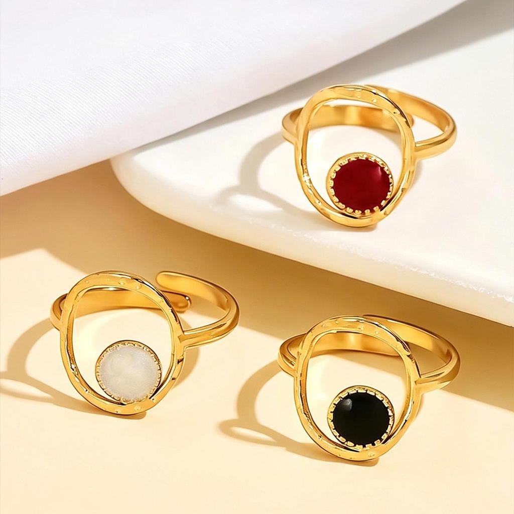 Stainless Steel Baroque Style Red Enamel Geometric Hollow Ring for Women