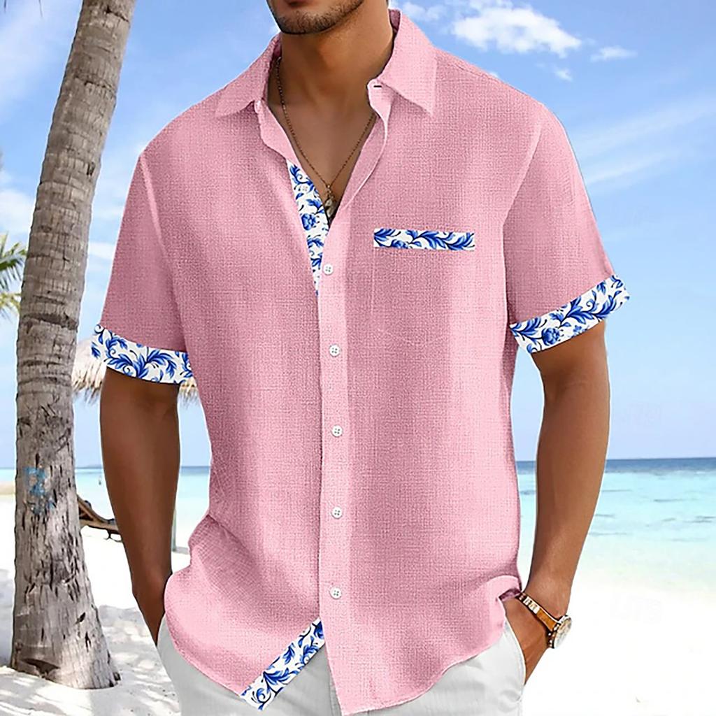Men's Vintage Button Down Bowling Shirts Short Sleeve Summer Beach Shirt