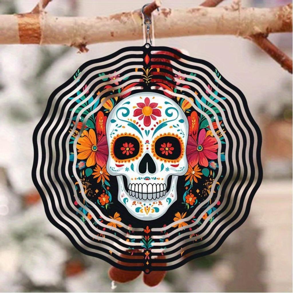Vibrant Day of the Dead Skull Wind Chime Colorful Floral Skeleton Design 2D Rotating Outdoor Garden Art Festive Wall Decor for Home Yard