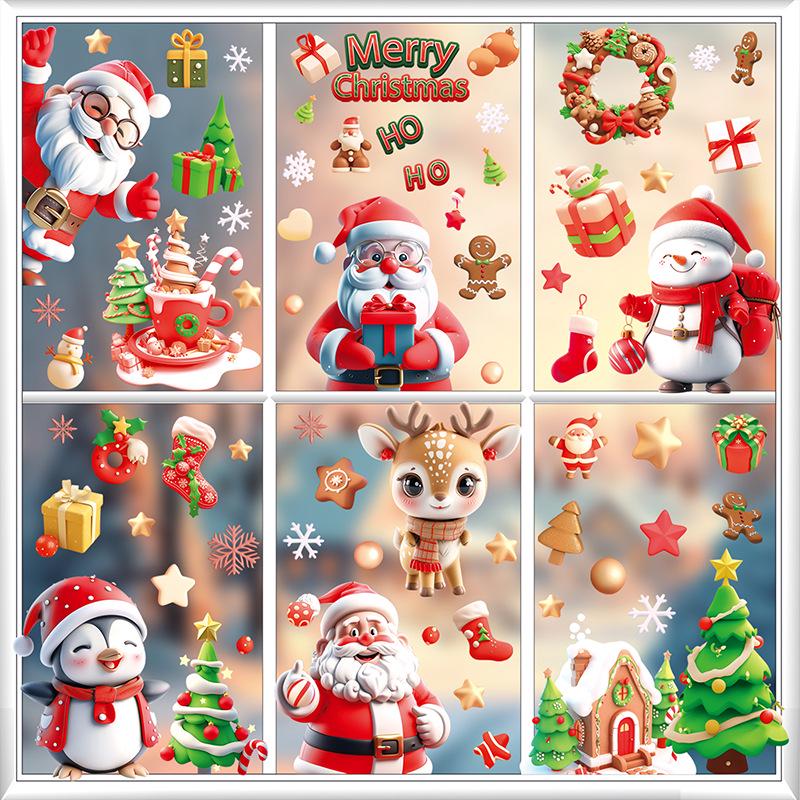 3D Santa Claus & Reindeer Static Clings for Windows - Self-Adhesive Christmas Decorations