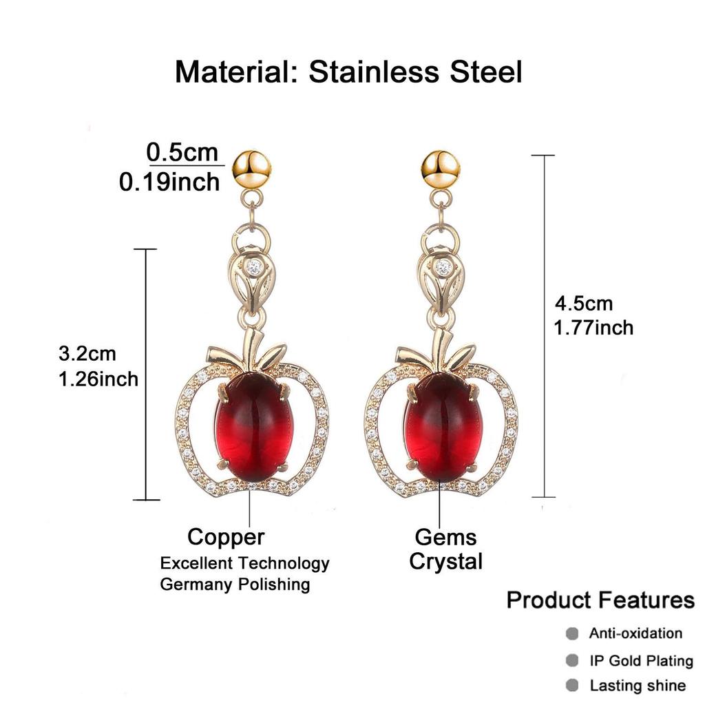 Elegant Red Apple Zircon Pendant Earrings - European and American Style, Stainless Steel