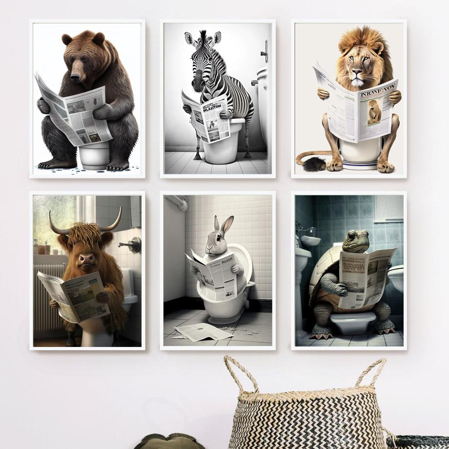 Lion Rabbit Bear Sitting On The Toilet Reading A Newspaper Posters And Print Wall Art Canvas Painting Funny Bathroom Humor Decor